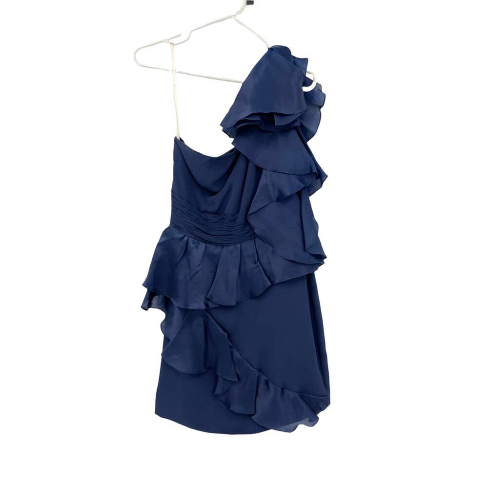 Marchesa Notte Womens Size 4 Dress One Shoulder Mini Navy Silk Cascading Ruffle